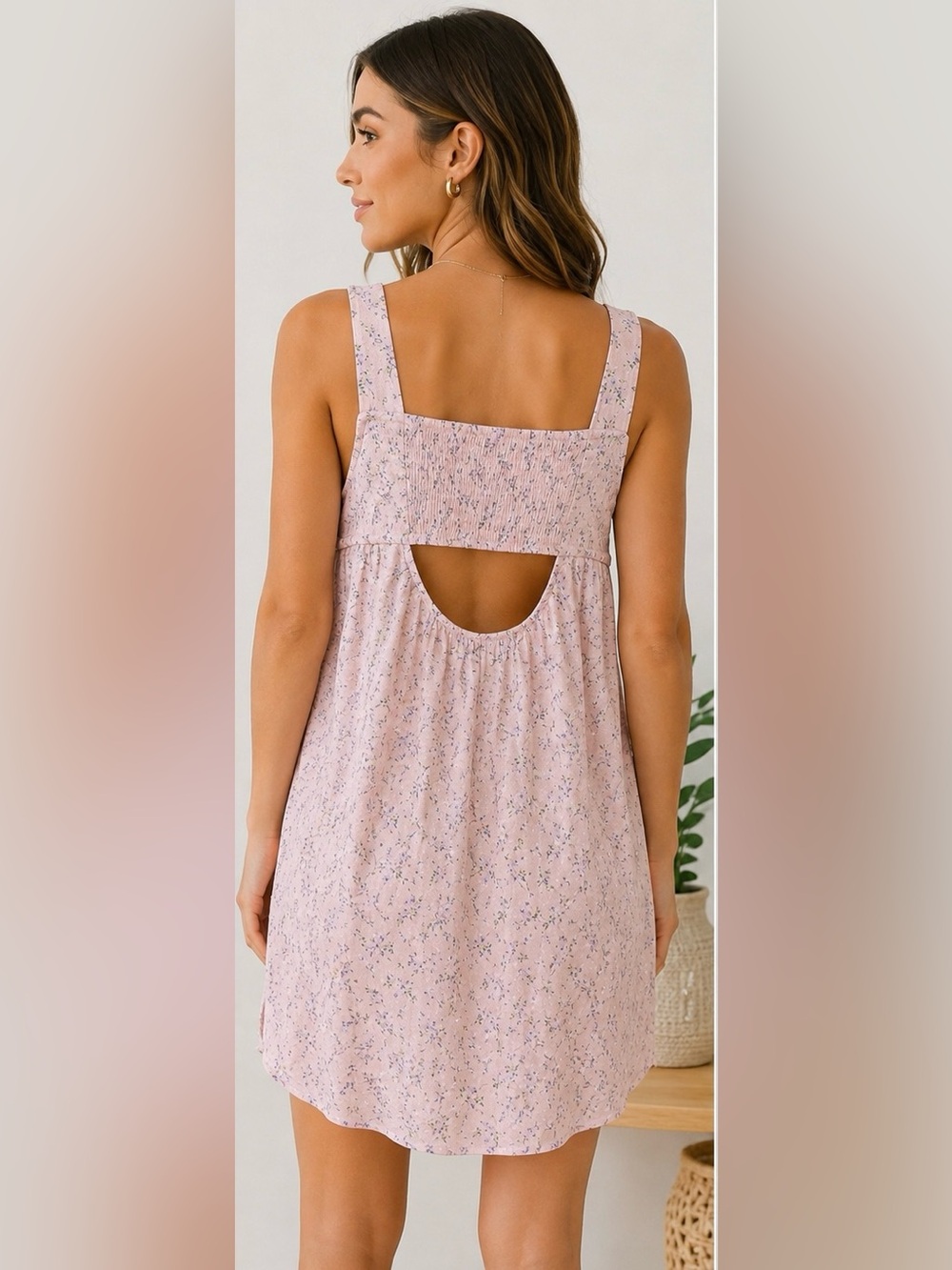 American Eagle Light Pink Floral Mini Dress Smocked Open Back Large